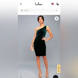 Lulus Green Velvet One Shoulder Dress, Size Medium